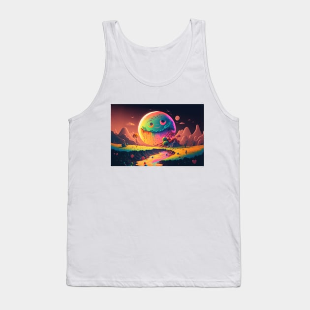 Spooky Smiling Moon Mountainscape - Psychedelic Landscape - Paint Dripping 3D Illustration - Colorful Haunted Nature Scene Tank Top by JensenArtCo